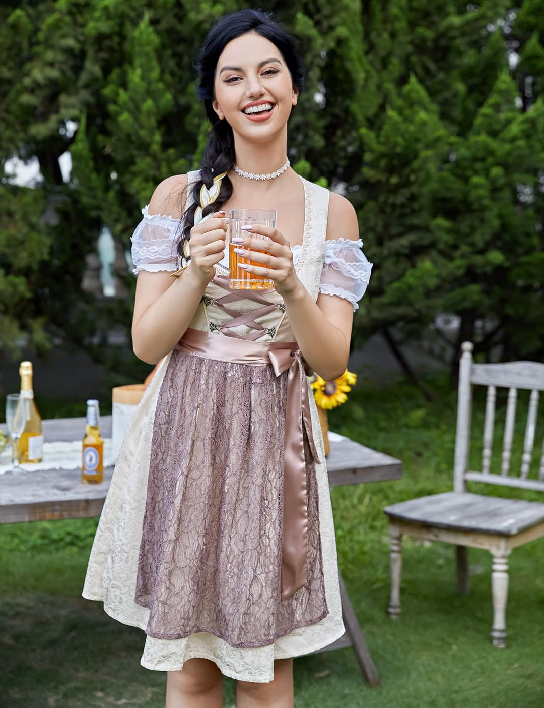 KOJOOIN Trachtenkleid Damen Dirndl Kurz Midi 3tlg. für Oktoberfest-DREI Teilig: Kleid, Bluse, Schürz