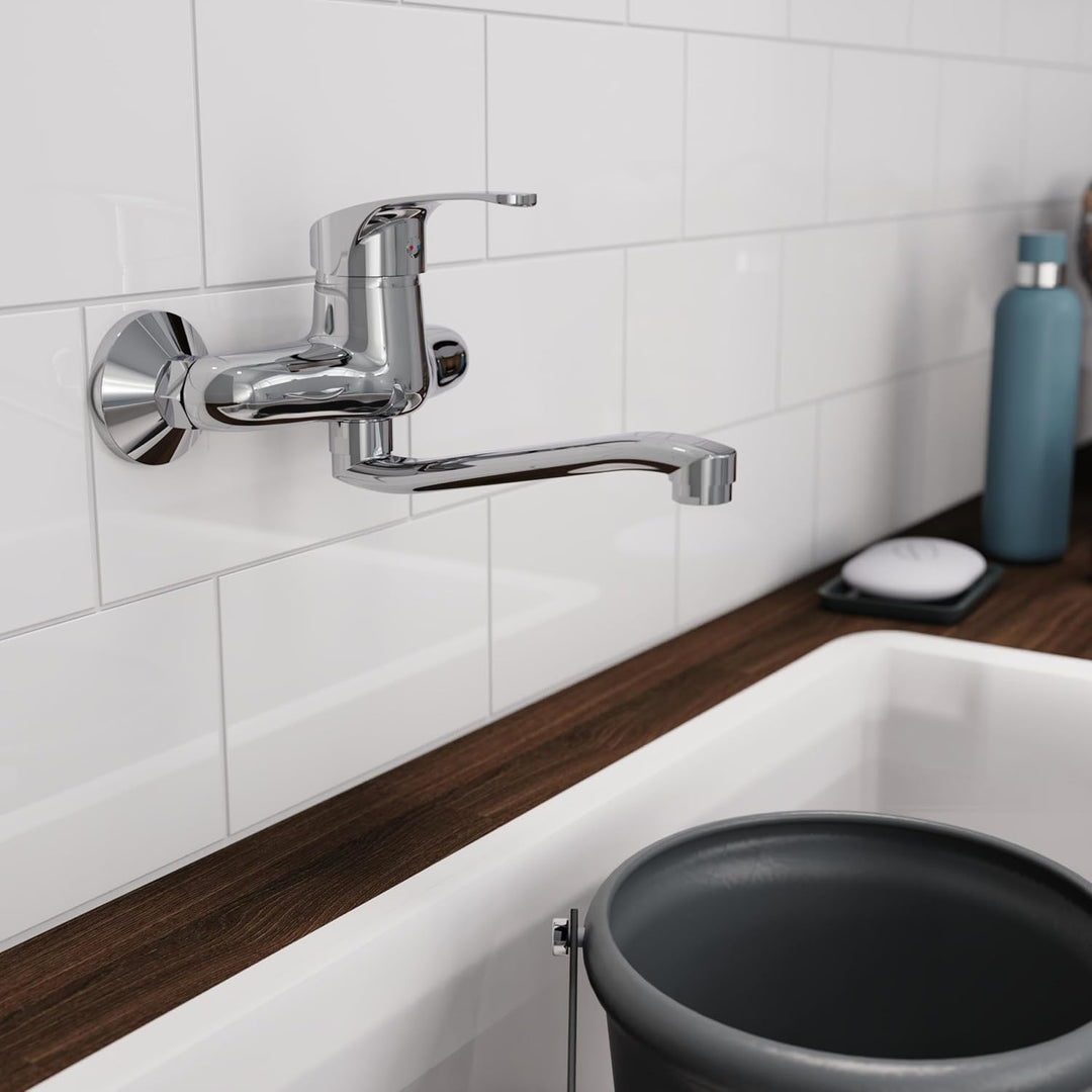 SCHÜTTE 36760 ORAZI Wandwasserhahn Chrom, Wand-Spültischarmatur 360°, ideal für Doppelspülbecken, Wa