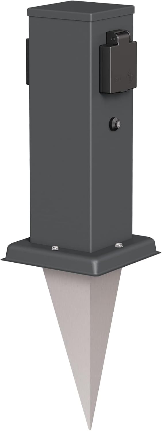 ledscom.de Garten-Steckdosen-Säule Polly mit Dämmerungssensor und Erdspiess für aussen, 2-Fach, anth