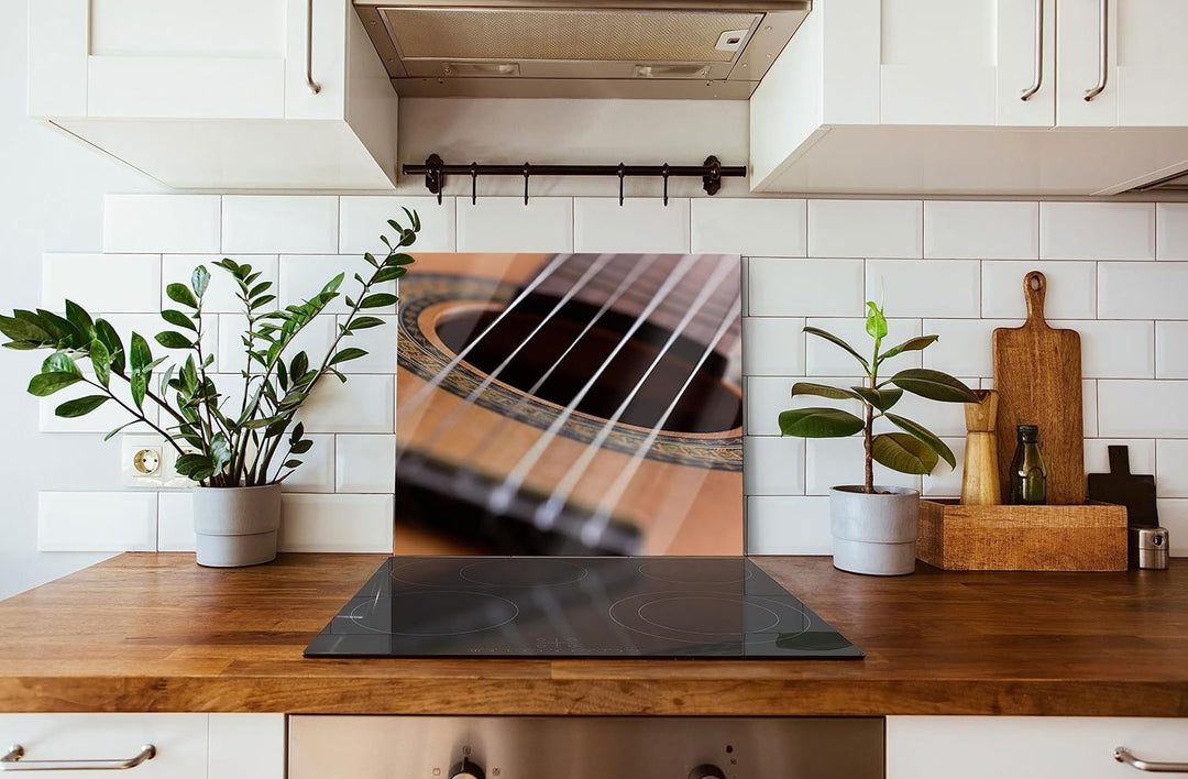 Gitarrensaiten Musik Herdabdeckplatte & Spritzschutz aus Echtglas | Für Herd-Kochfelder | 60x52 cm