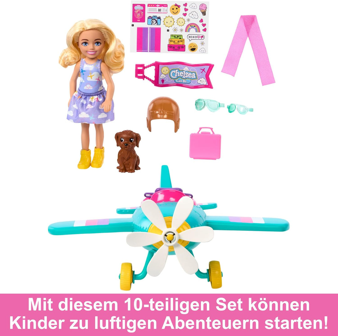BARBIE Chelsea Flugzeug Puppe und Spielset - Pilotenpuppe, Flugzeug, Hündchen und Zubehör für Geschi