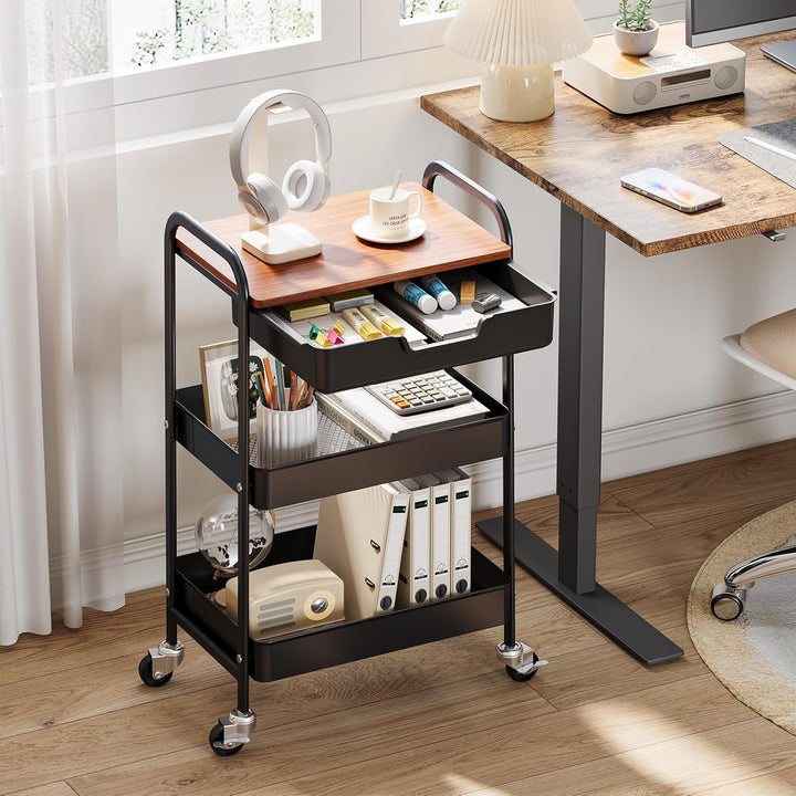 KINGRACK Aufbewahrungswagen 3-Tier mit Tischplatte, Multifunktionswagen aus Metall für Küche, Haus,