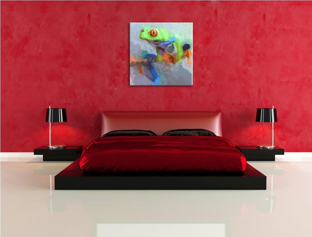 Grüner Frosch auf Ast, Format: 70x70 auf Leinwand, XXL riesige Bilder fertig gerahmt mit Keilrahmen,