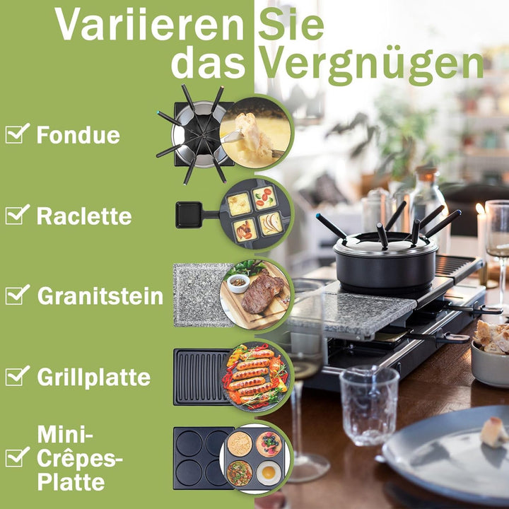 LUTEO® Raclette mit Fondue 12 Personen - Tischgrill elektrisch - Elektrogrill Steinplatte Grillplatt