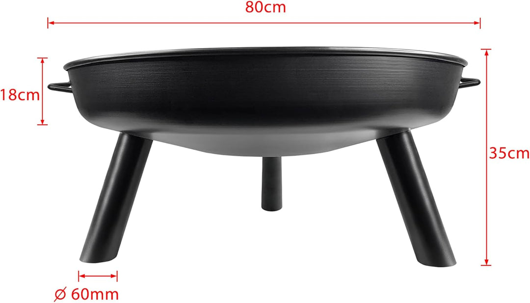 UISEBRT Feuerschale 80cm - Feuerstelle mit Griffen and 3 Füssen für Draussen Terrasse Garten Balkon