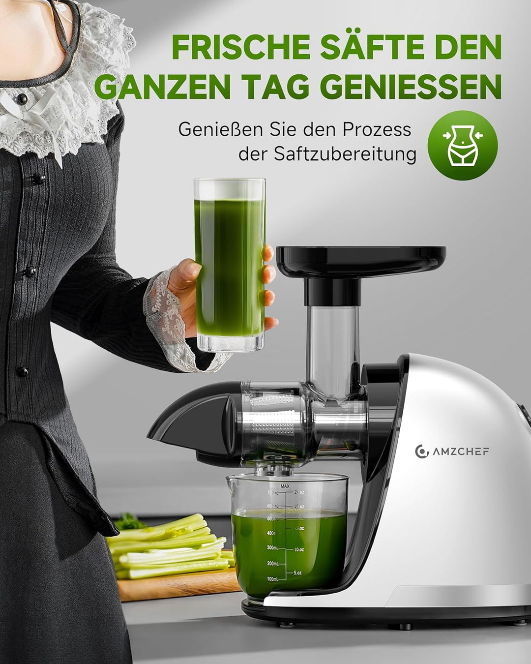 AMZCHEF Entsafter Gemüse und Obst Testsieger - Entsafter Slow Juicer mit Rückwärts-Kau-Funktion - Za