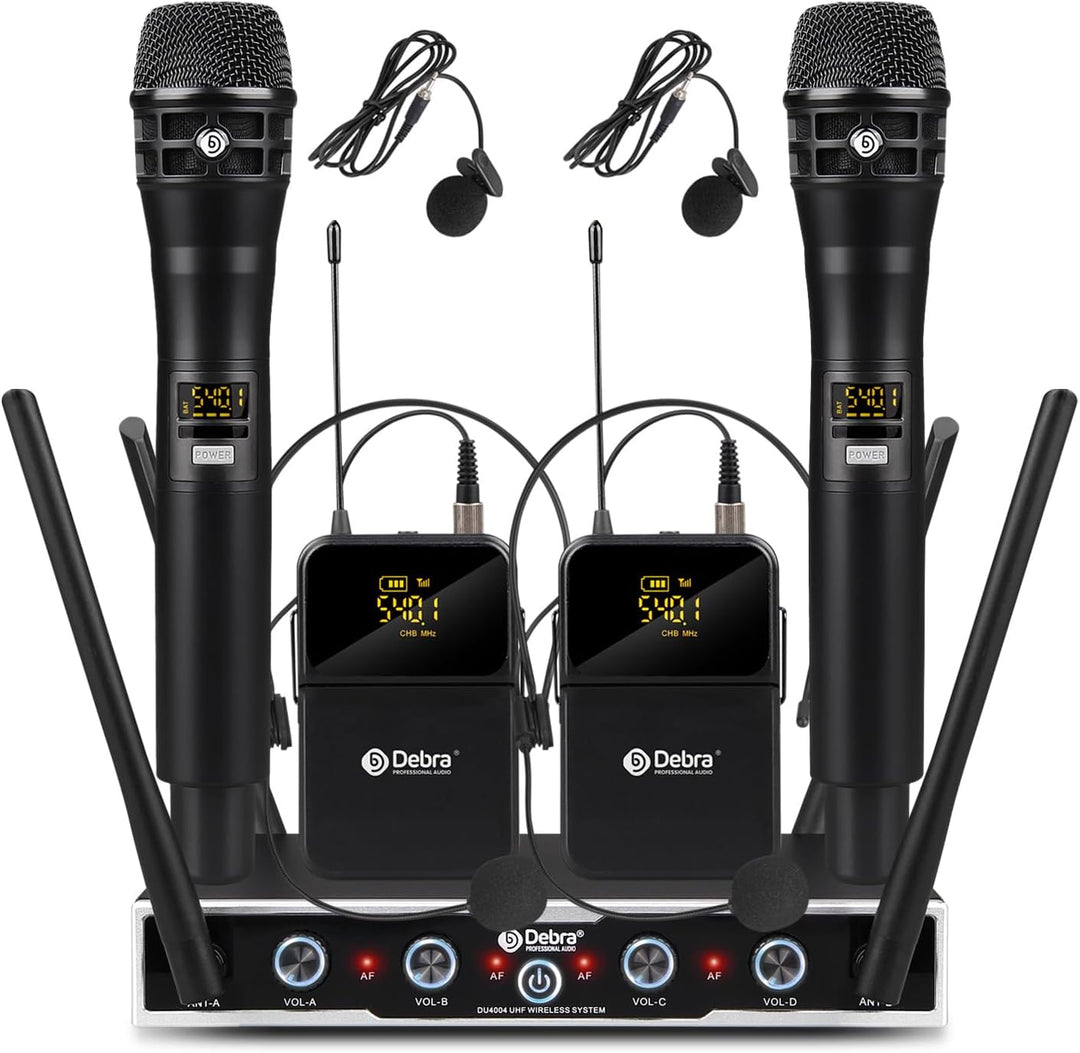 D Debra Wireless Mikrofon DU4004 UHF - 4 x 16 Kanäle, Handmikrofon, Bodypack, Headset, Lavalier für