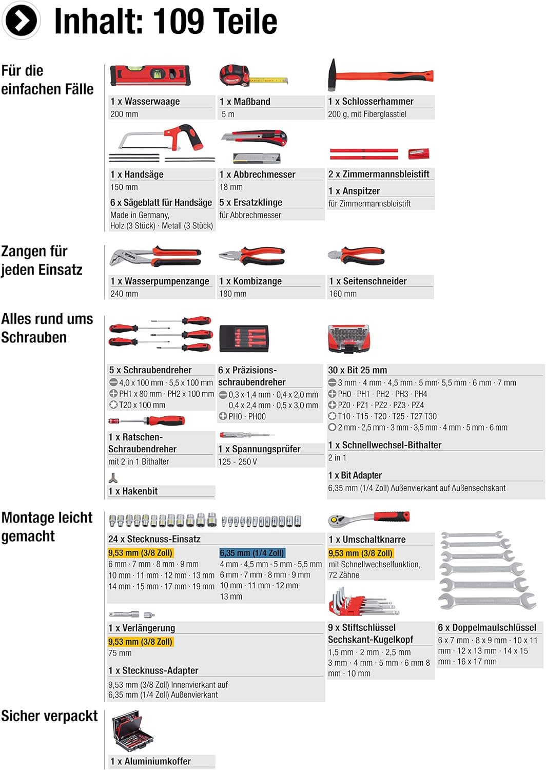 Meister Werkzeugkoffer 109-teilig - Stabiler Alu-Koffer - Werkzeug-Set - Für Haushalt, Garage & Werk