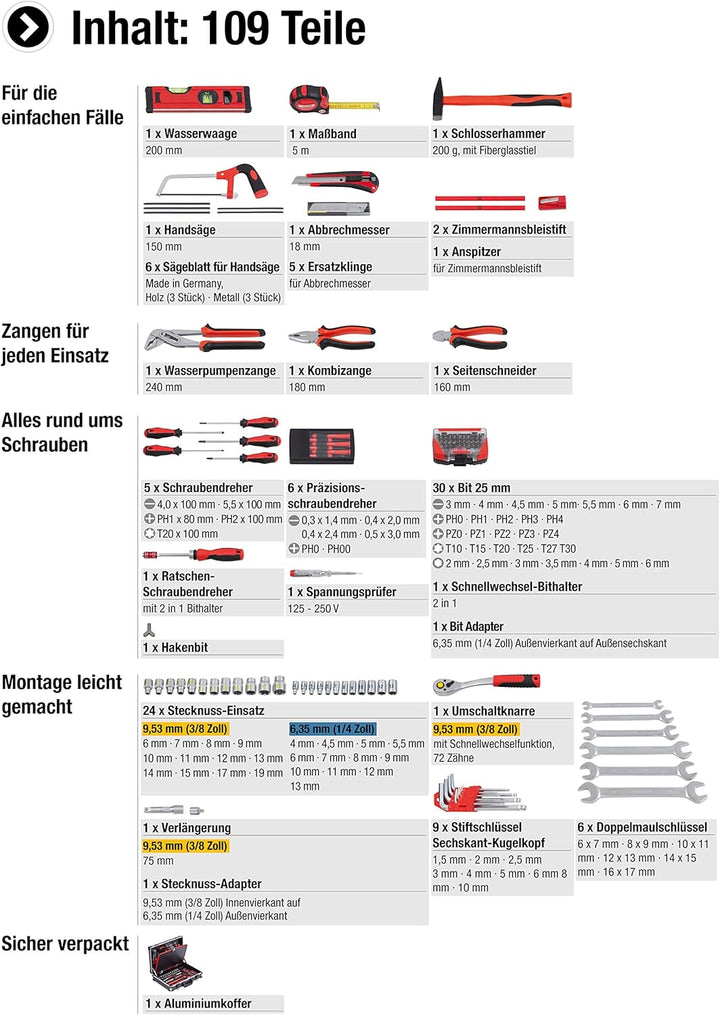Meister Werkzeugkoffer 109-teilig - Stabiler Alu-Koffer - Werkzeug-Set - Für Haushalt, Garage & Werk