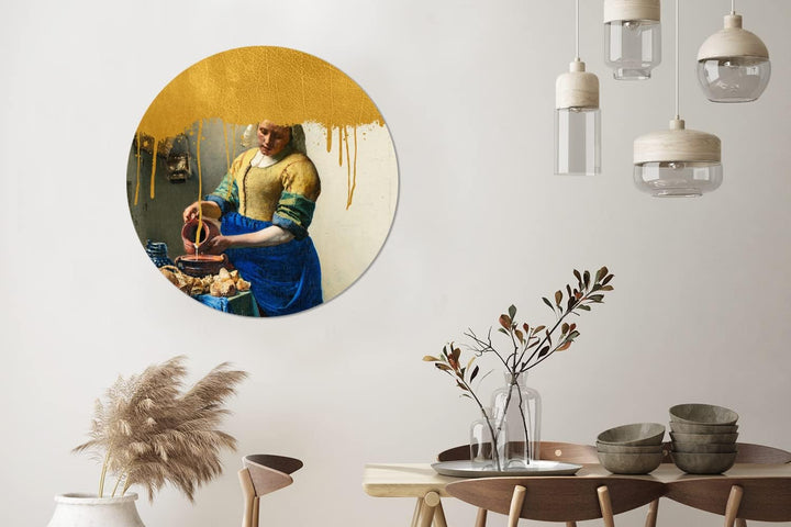 MuchoWow Wandbild Rund Wanddeko Deko Wohnzimmer Bilder 90x90 cm Milchmädchen - Gold - Vermeer, 90x90