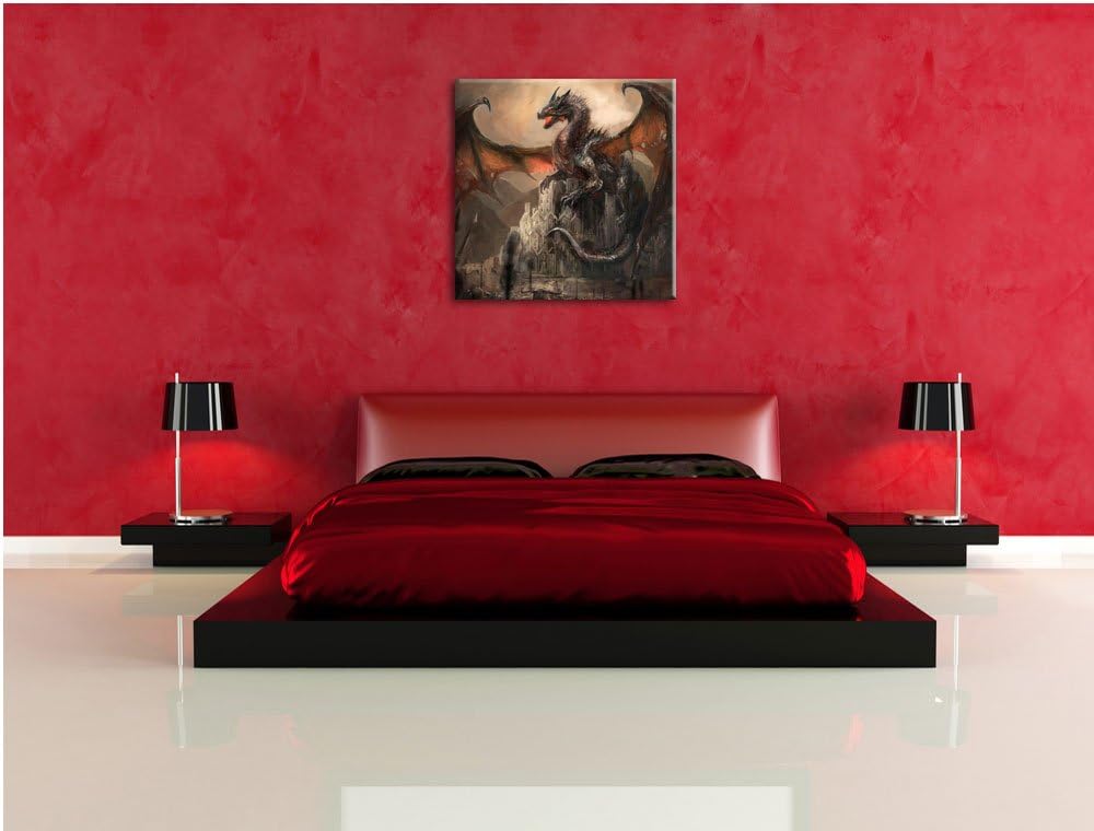 Drache schützend über Burg, Format: 70x70 auf Leinwand, XXL riesige Bilder fertig gerahmt mit Keilra