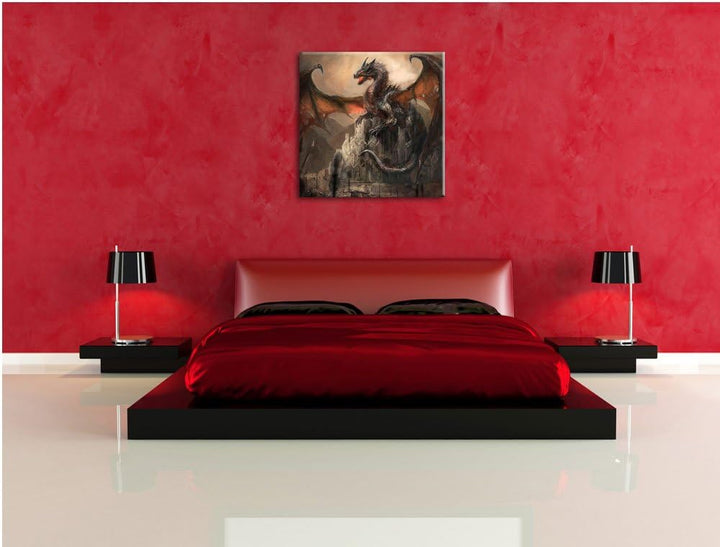 Drache schützend über Burg, Format: 70x70 auf Leinwand, XXL riesige Bilder fertig gerahmt mit Keilra
