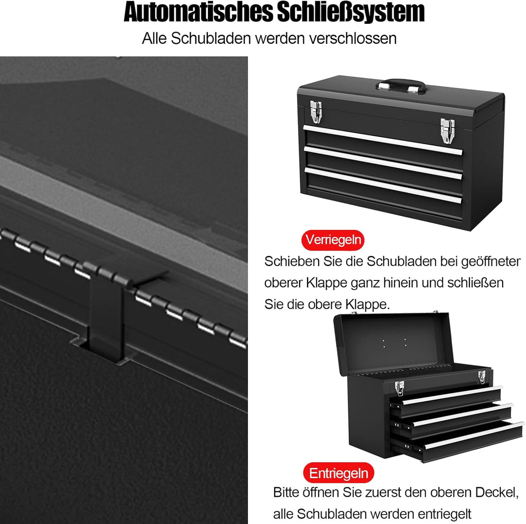 COSTWAY Werkzeugkiste Metall, Werkzeugkasten mit 3 Schubladen & oberem Fach, Werkzeugbox Werkzeugkof