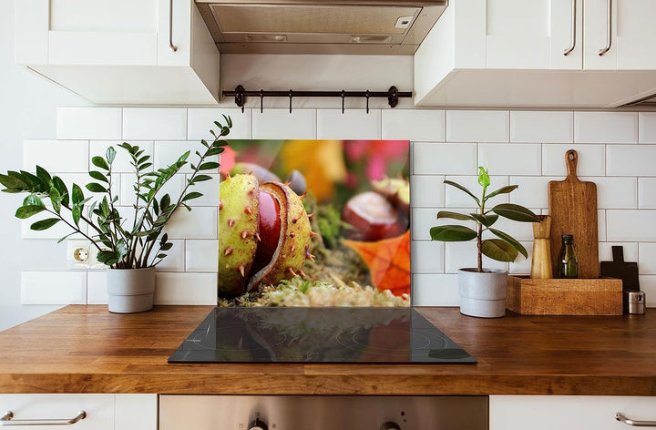 Erste Kastanie öffnet sich Herdabdeckplatte & Spritzschutz aus Echtglas | Für Herd-Kochfelder | 60x5