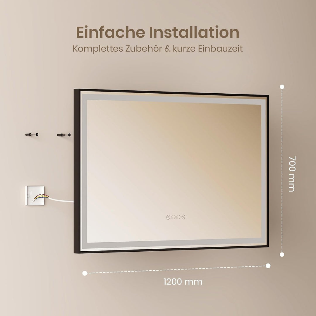 EMKE Badspiegel mit Beleuchtung 120x70cm Badspiegel Schwarzer Rand LED Badezimmerspiegel mit Touch,