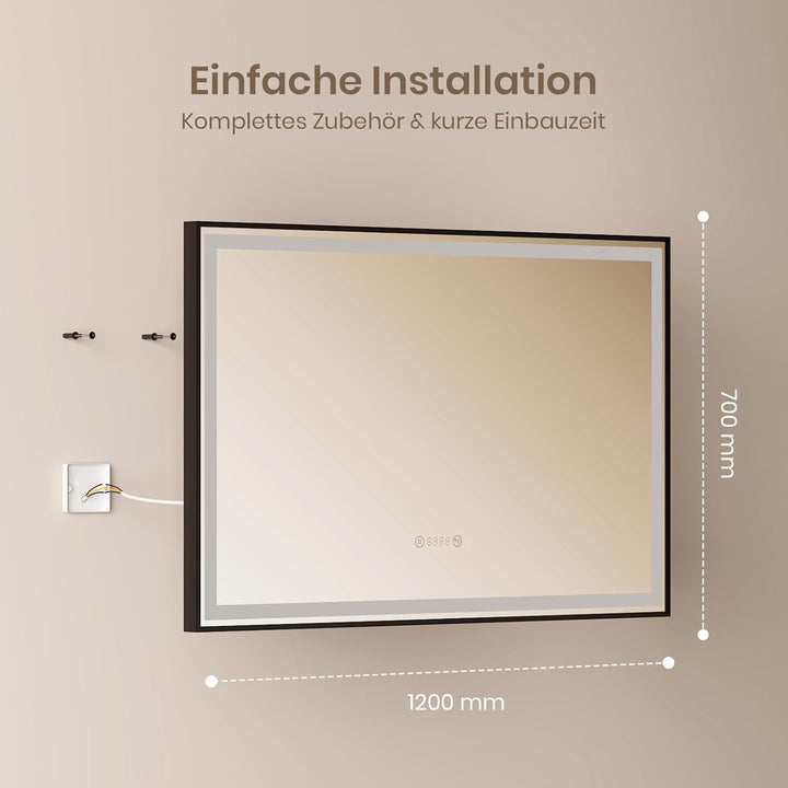 EMKE Badspiegel mit Beleuchtung 120x70cm Badspiegel Schwarzer Rand LED Badezimmerspiegel mit Touch,