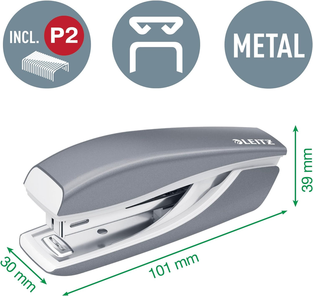 Leitz 55996062 Mini-Heftgerät-und Locher-Set (für bis zu 10 Blatt, Inkl. Heftklammern, WOW) metallic