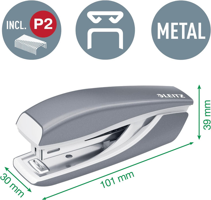 Leitz 55996062 Mini-Heftgerät-und Locher-Set (für bis zu 10 Blatt, Inkl. Heftklammern, WOW) metallic