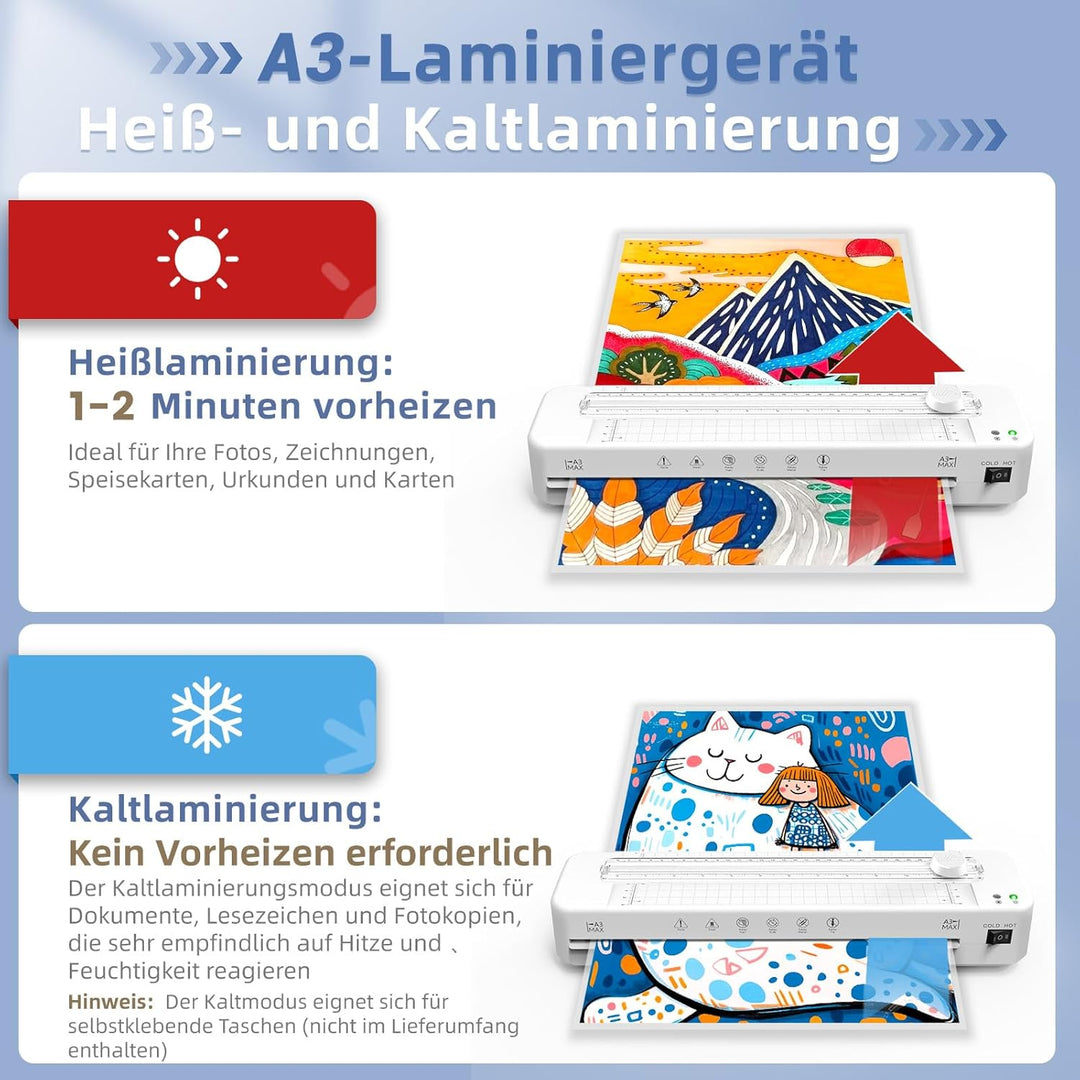 Crenova A3 Laminiergerät, Laminiergerät mit 30 Laminierfolien für A3/A4/A5/A6, Laminiermaschine mit