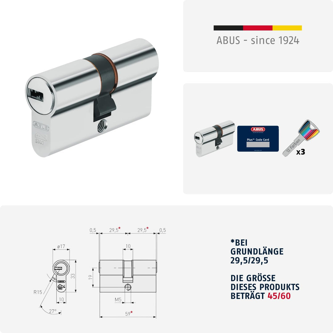 ABUS Profilzylinder XP20SN 45/60 inklusive Sicherungskarte & 3 Schlüsseln, 73746, 45/60