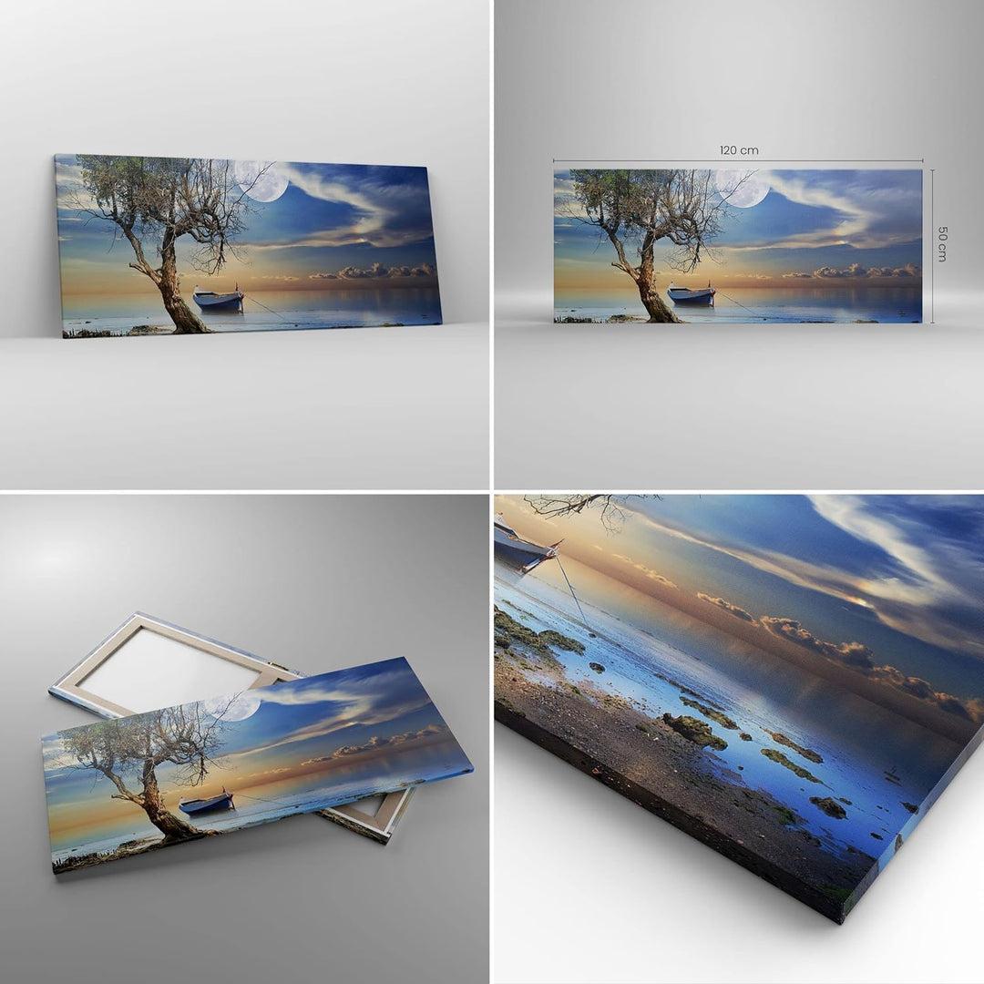 Wandbilder Dekoration Wohnzimmer Nacht Mond Boot Panorama Bilder auf Leinwand 120x50cm Leinwandbild