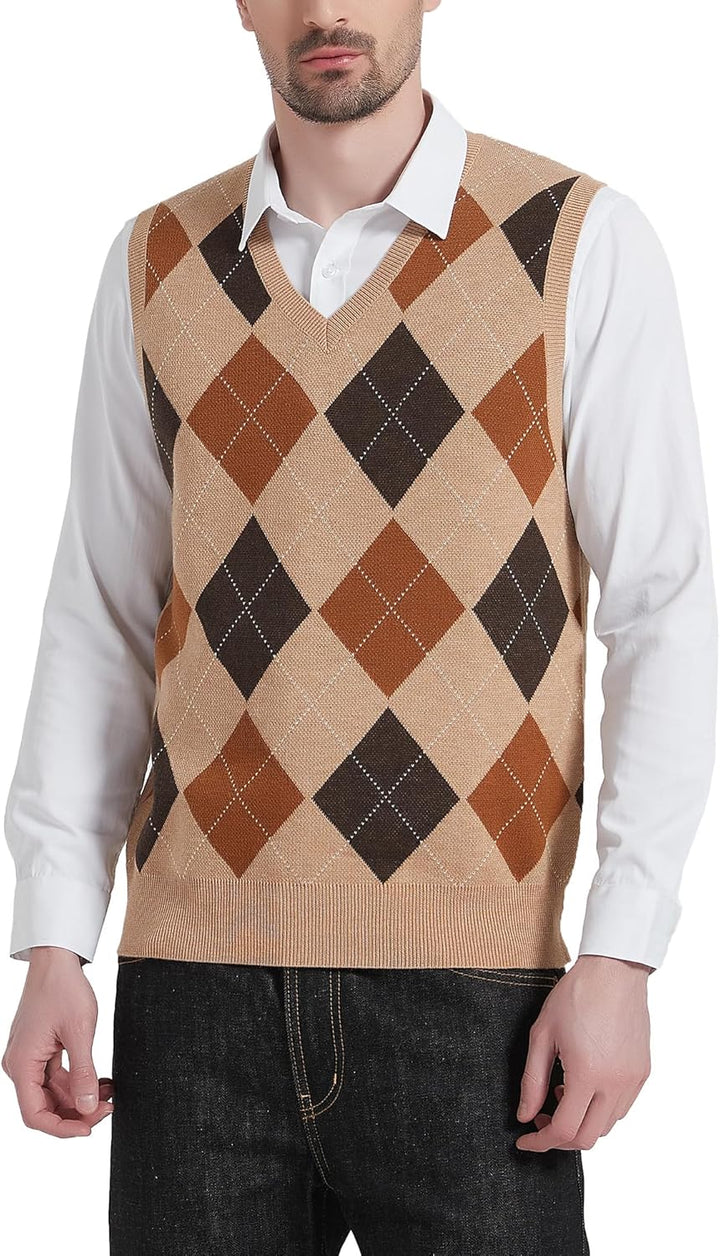 Kallspin Herren Argyle Gestrickt Ärmellos Pullover Wollmischung V-Ausschnitt Strickwesten 3XL Khaki,