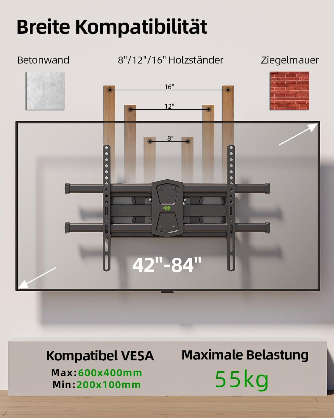 USX-MOUNT TV Wandhalterung Schwenkbar Neigbar für 42-82 Zoll LED, LCD TV, Fernseher Wandhalterung Ma
