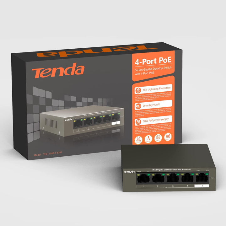 Tenda Gigabit PoE Switch 5 Ports mit 4 PoE+ Ports & 1 Uplink-Port (58W, VLAN, IEEE-802.3af/at PoE, l