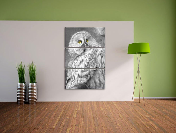 grosse anmutige Eule auf Ast schwarz/weiss Deluxe 3-Teiler Leinwandbild 120x80 Bild auf Leinwand, XX