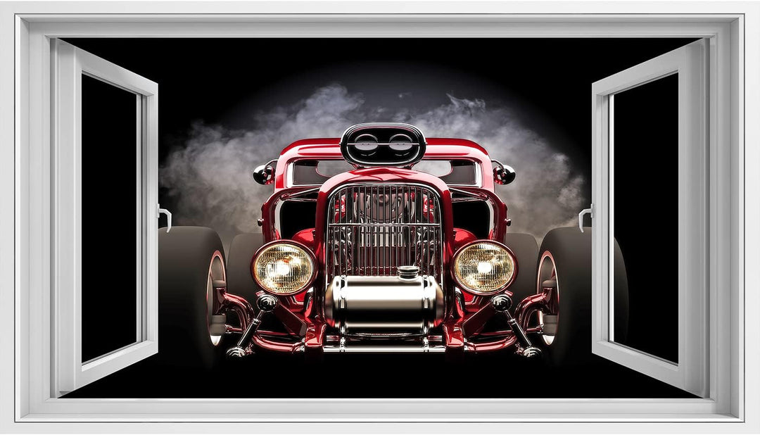 islandburner Bild auf Leinwand Fensterblick Hotrod mit Rauchhintergrund 3D Modell Sagenhafter Effekt