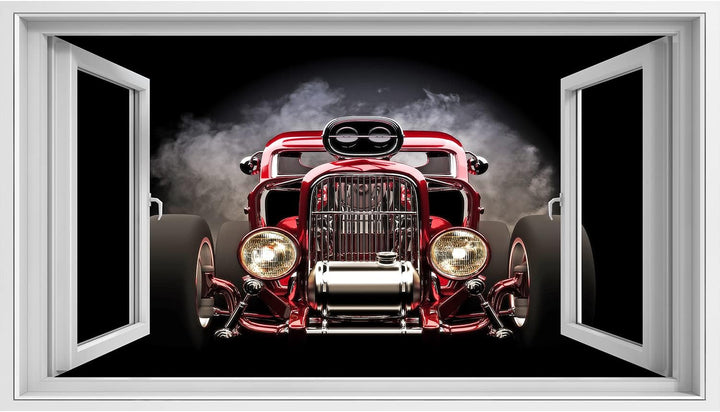 islandburner Bild auf Leinwand Fensterblick Hotrod mit Rauchhintergrund 3D Modell Sagenhafter Effekt