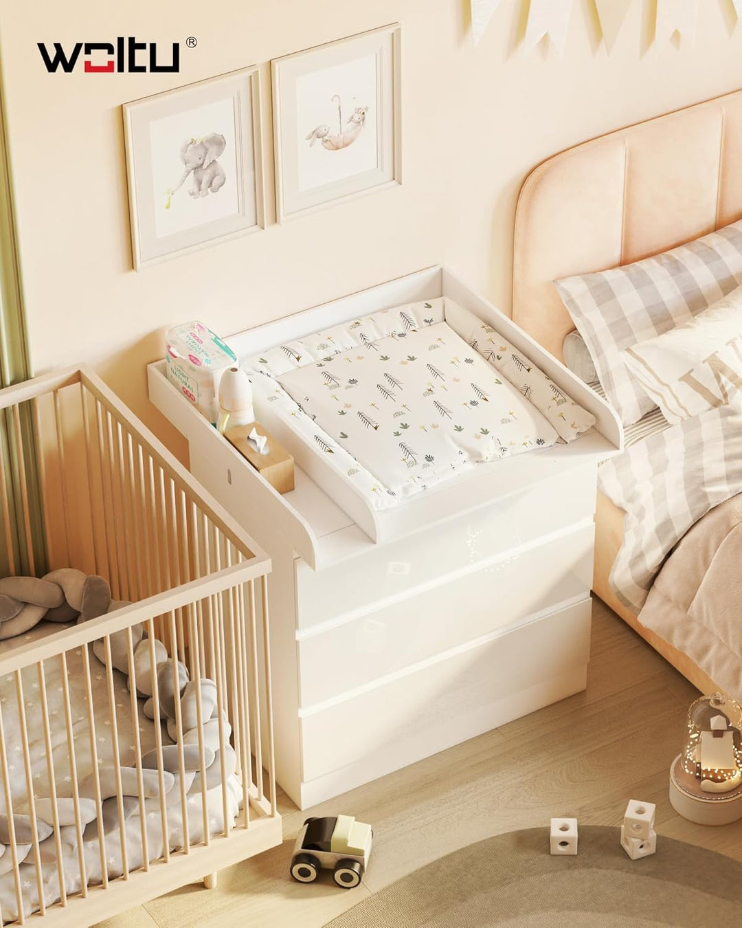 WOLTU Wickelaufsatz aus Holz, Wickeltischaufsatz Wickelkommode Aufsatz mit Trennfach Tiefe 48 cm, fü