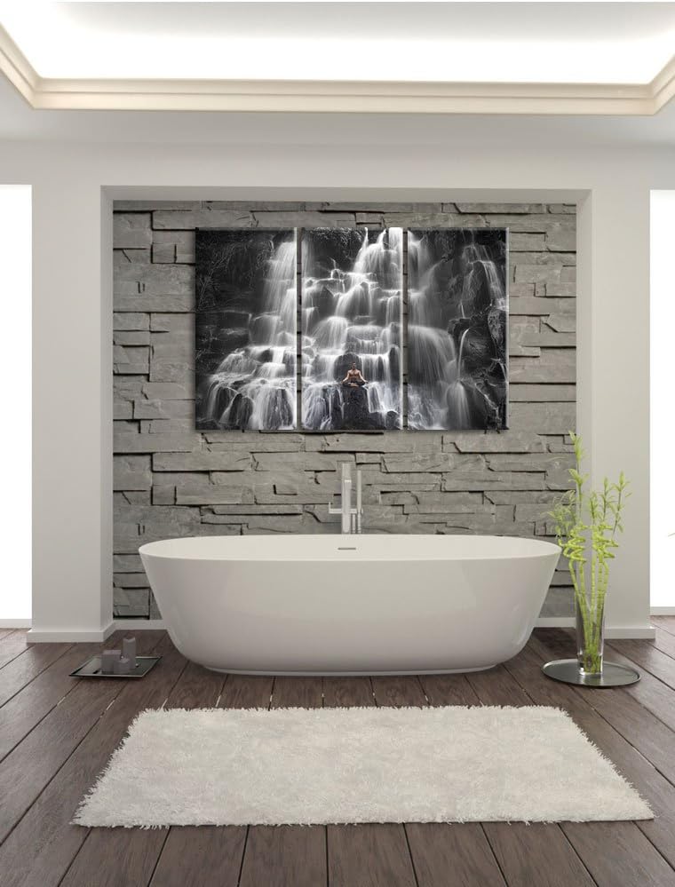 Pixxprint Yoga am Wasserfall in Bali als Leinwandbild/Grösse: 3 Teilig (120x80 cm) cm/Wandbild/Kunst