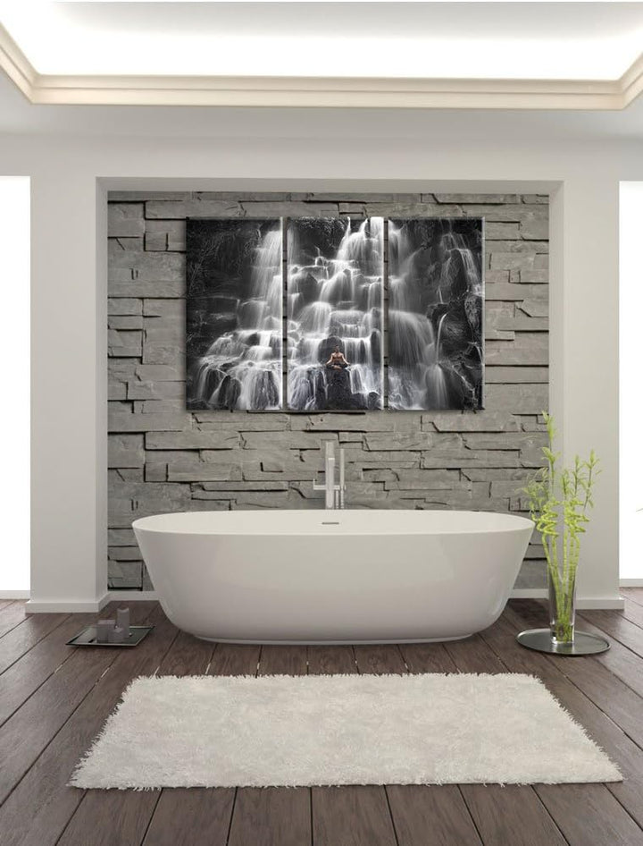 Pixxprint Yoga am Wasserfall in Bali als Leinwandbild/Grösse: 3 Teilig (120x80 cm) cm/Wandbild/Kunst