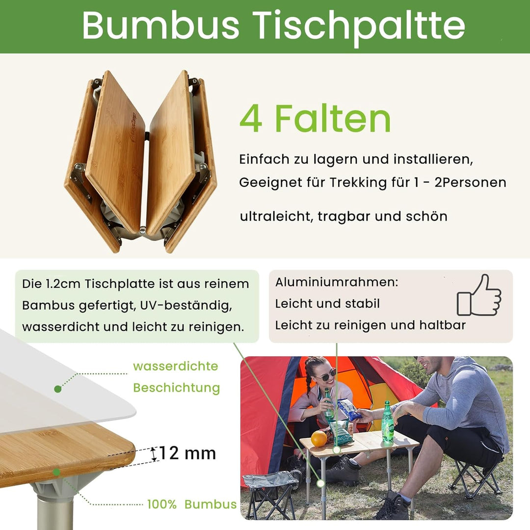 KingCamp Falten Bambus Campingtisch Klapptisch Verstellbare Höhe Aluminiumrahmen für Outdoor Camping