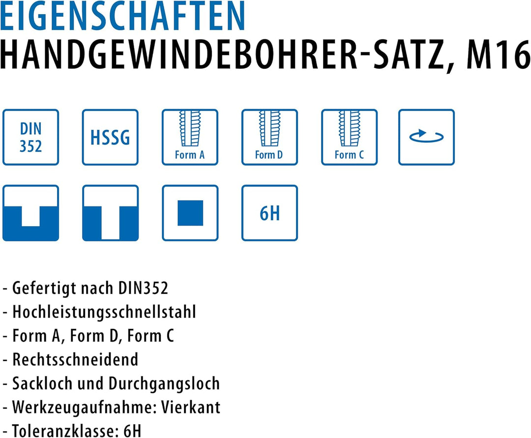 PROFI Gewindebohrer M16 Satz HSSG 3 teilig, Gewindeschneider | Vor-, Mittel- und Fertigschneider | H