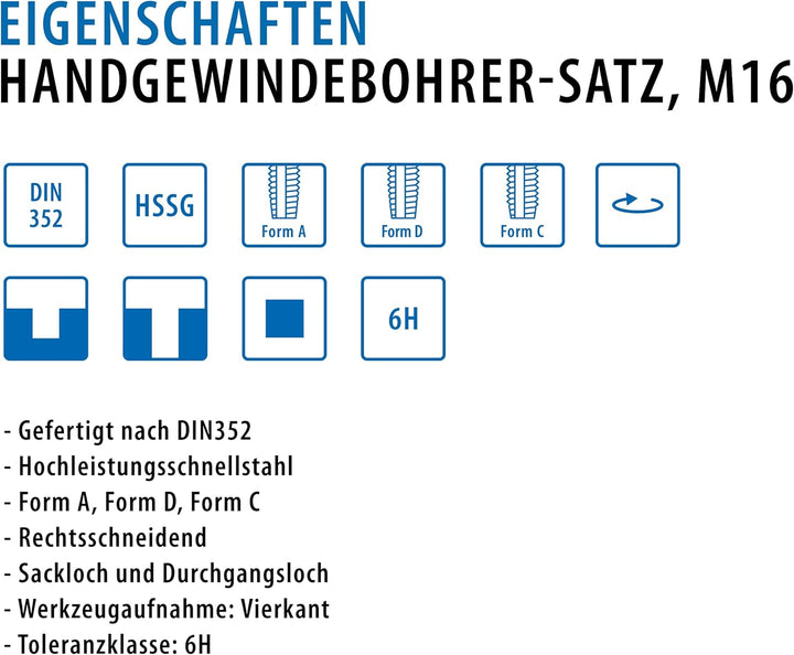 PROFI Gewindebohrer M16 Satz HSSG 3 teilig, Gewindeschneider | Vor-, Mittel- und Fertigschneider | H