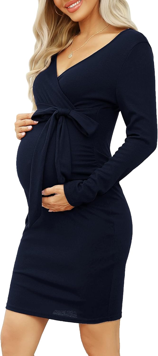 KOJOOIN Damen Umstandskleid Enge Langarm Stillkleid V-Ausschnitt Schwangere Kleider Mutterschaft Sch