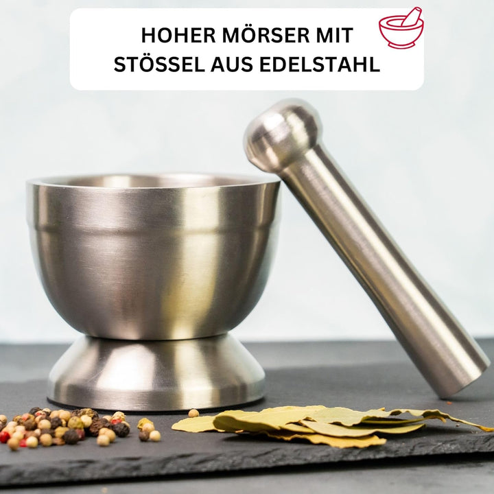 Westmark Mörser mit Deckel, Durchmesser: 10 cm, Gewicht: 0,8 kg, Mit Stössel, Rostfreier Edelstahl/K