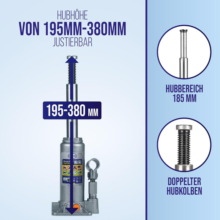 alca® Unterstellheber hydraulisch Wagenheber 3t Stempel-Wagenheber für SUV/PKW Hubhöhe 19,5-38cm