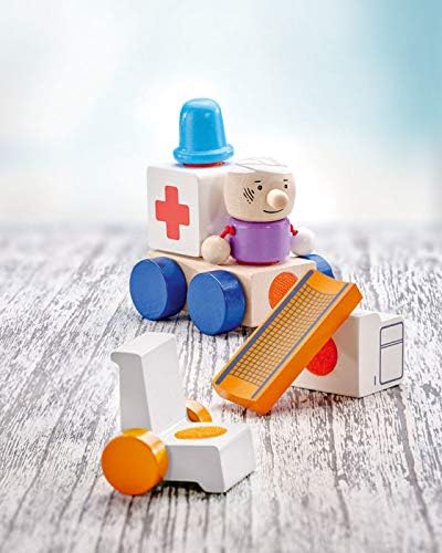 Selecta 62081 Krankenwagen, Flieger, Klett-Stapelspielzeug aus Holz, 7 Teile, Krankenwagen
