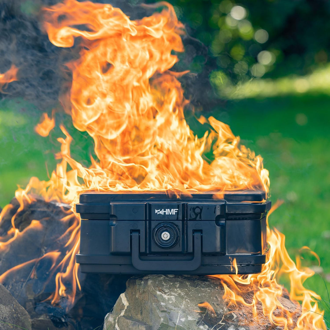 HMF 250452 Feuerfeste Wasserdichte Dokumentenbox | DIN A4 | 44,5 x 16,5 x 33 cm | schwarz