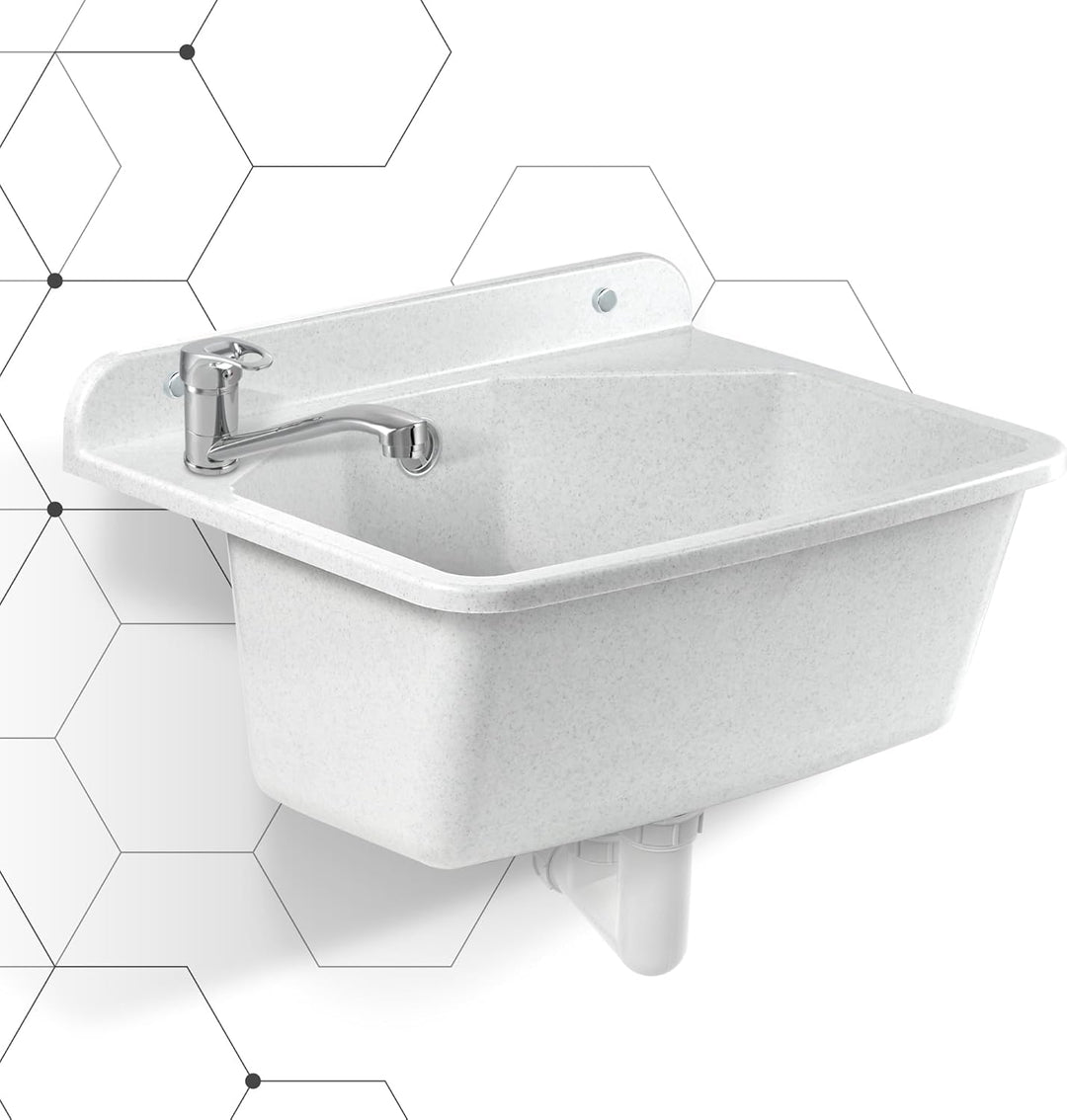 gospo Ausgussbecken mit Armatur, Siphon, 46 x 37 x 20 cm, Waschbecken aus Kunststoff, Waschtrog für