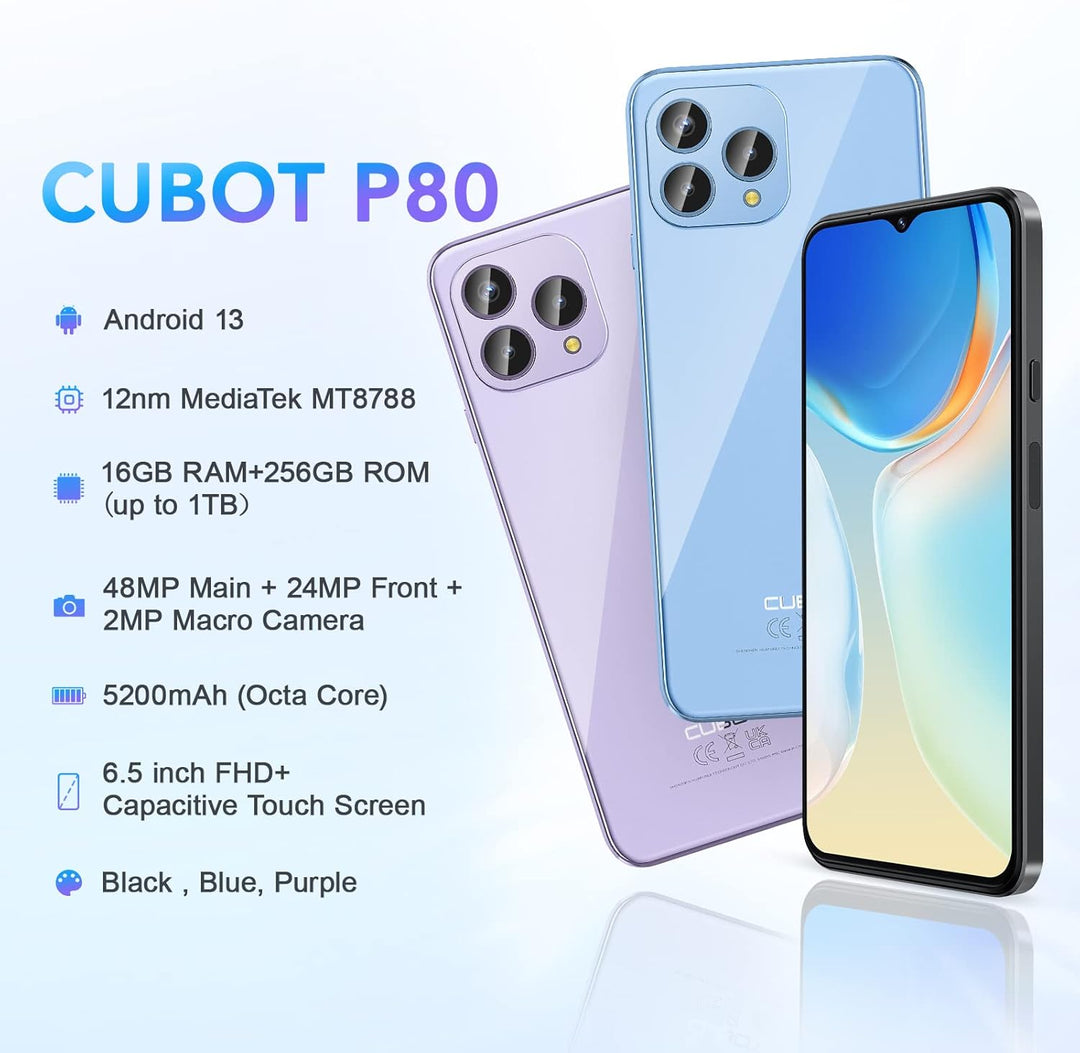 CUBOT P80 Smartphone Ohne Vertrag (2023), Android 13 Handy, 16GB+256GB/1TB, 48MP+24MP, 6,58" FHD+, 5