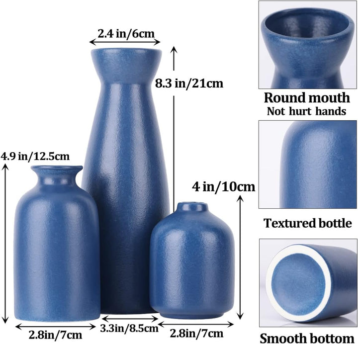 Blaues Keramikvasen-Set – 3 marineblaue Vasen, landhausblaue Vasen als Heimdekoration, Wohnzimmerdek