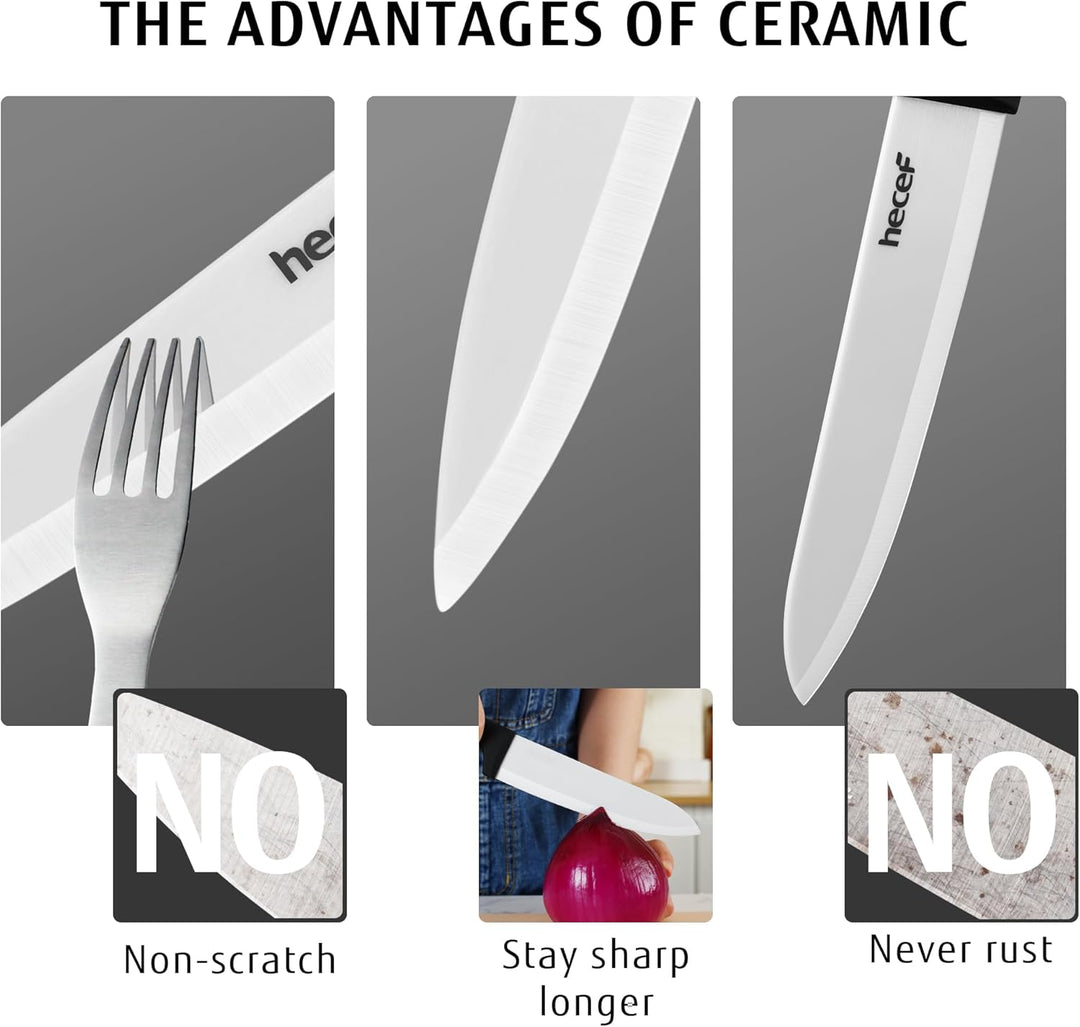 hecef Keramikmesser set 3-teilig mit Messer, Scharf Küchenmesser Set Nie Eingerostet, Keramik 6'' Ko