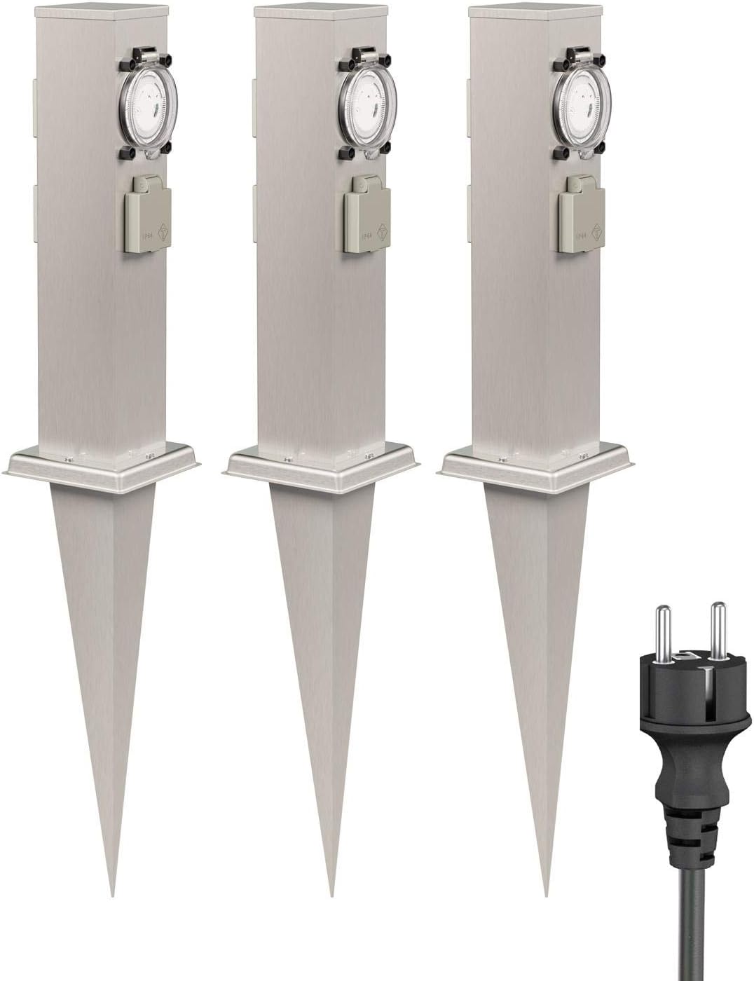 ledscom.de 2X Garten-Steckdosen-Säule Polly mit Erdspiess und 2m Kabel für aussen, 3-Fach mit Timer/