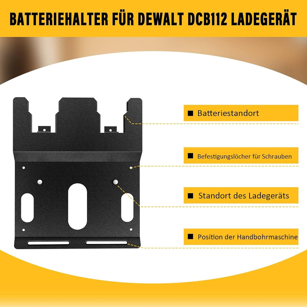 JYiuog Wandhalterung für DeWalt 20V Akku und DCB112 Ladegerät, robuster Metall Schwarz 2 Akkuhalter