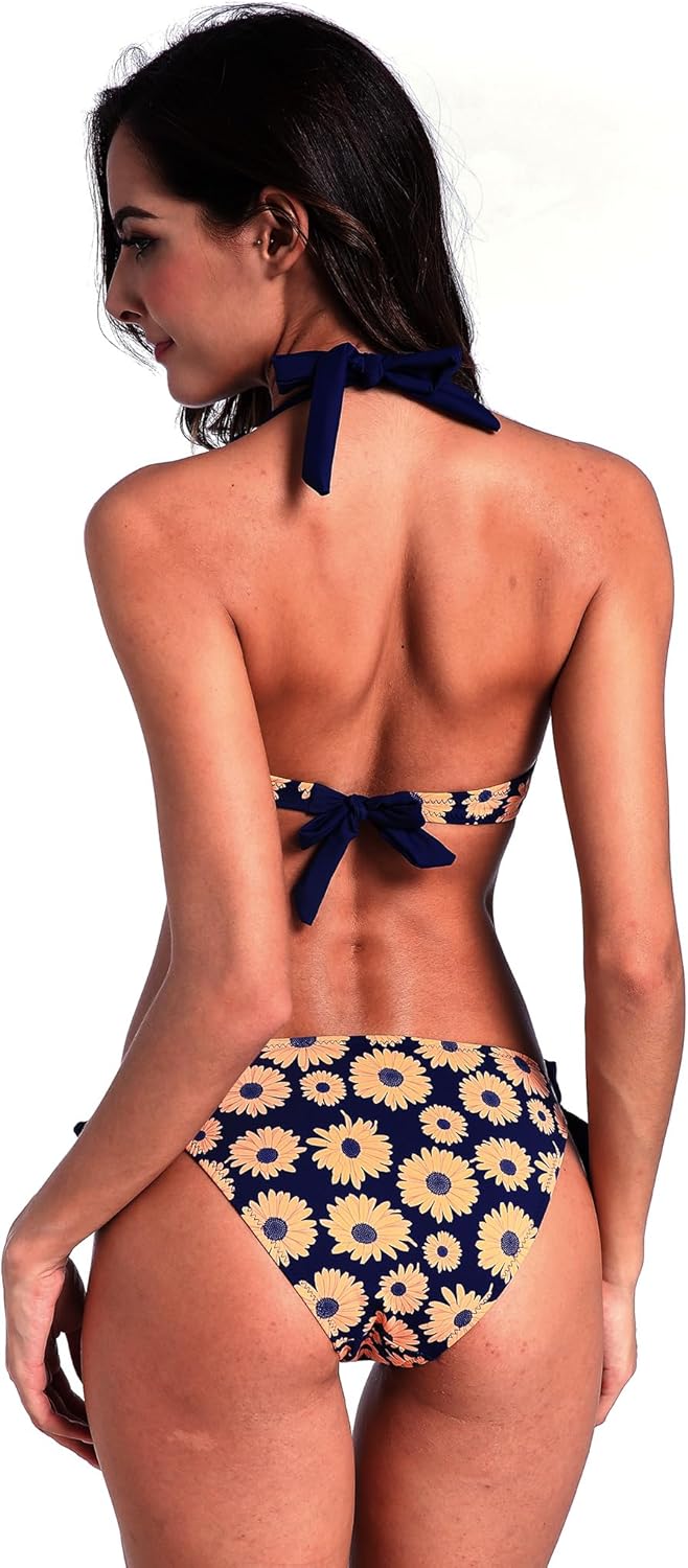 EONAR Damen Seitlich Gebunden Bikini Sets Abnehmbar Bademode Push up Bikinioberteil mit Nackenträger