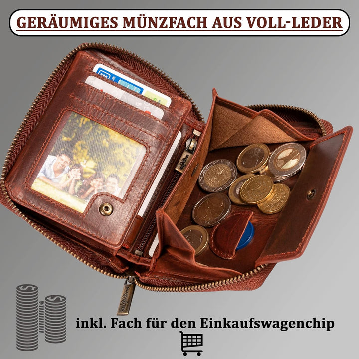 MATADOR Geldbörse Portmonee Geldbeutel Damen Leder mit YKK Metall Reissverschluss | Portemonnaie Gel